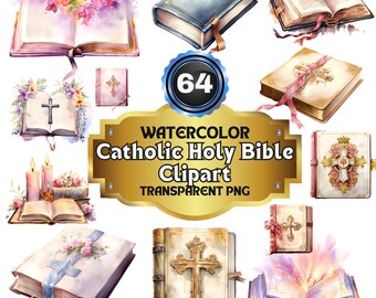 64 Watercolor Catholic Holy Bible Cliparts, Sacred Scriptures- Spiritual and Inspirational Bible Illustrations for Religious Education & Art