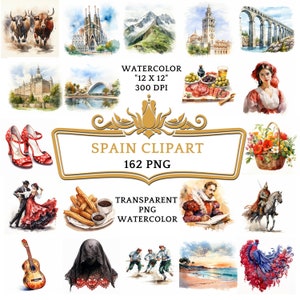 Könnte beinhalten: Eine Sammlung von Aquarell-Illustrationen, die verschiedene Aspekte der spanischen Kultur darstellen, darunter Architektur, Essen, Mode und traditionelle Tänze. Die Illustrationen sind vor einem weißen Hintergrund platziert und zeichnen sich durch lebendige Farben und komplizierte Details aus. Der Text "WATERCOLOR", "12 X 12", "300 DPI", "SPAIN CLIPART", "162 PNG", "TRANSPARENT", "PNG" und "WATERCOLOR" ist ebenfalls im Bild enthalten.