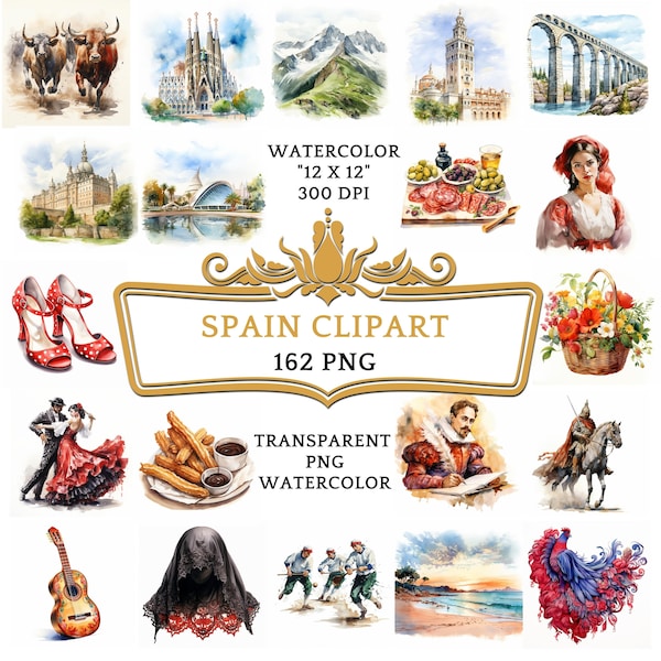 162 Watercolor Spain PNG ClipArt Bundle, Spanish Summer Travel Clip Art, Iberian Vacation, Flamenco, Tapas Bullfight,La Tomatina, Alhambra