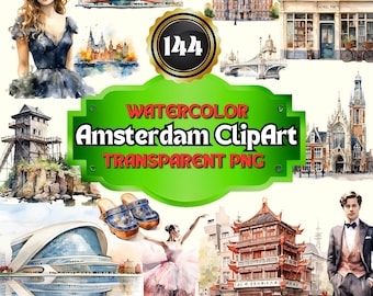 144 Watercolor Amsterdam Clipart, Printable Netherland PNG Images, Travel Itinerary Art Prints, Holland-Themed Junk Journal and Handmade SVG