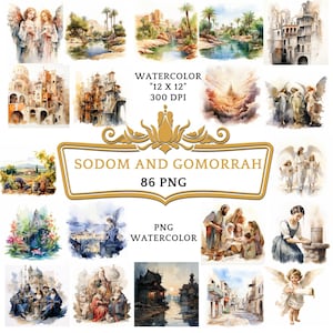 86 Watercolor Sodom and Gomorrah Clip Art PNG | Christian Religious Bible Based Story For Scrapbooking, Junk journal Or Digital Printing