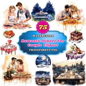 75 Watercolor Romantic Couple Dinner Clipart, Valentine&#39;s Day Romantic Table Settings Clipart, Dining Scenes, Love-Themed Table Arrangements