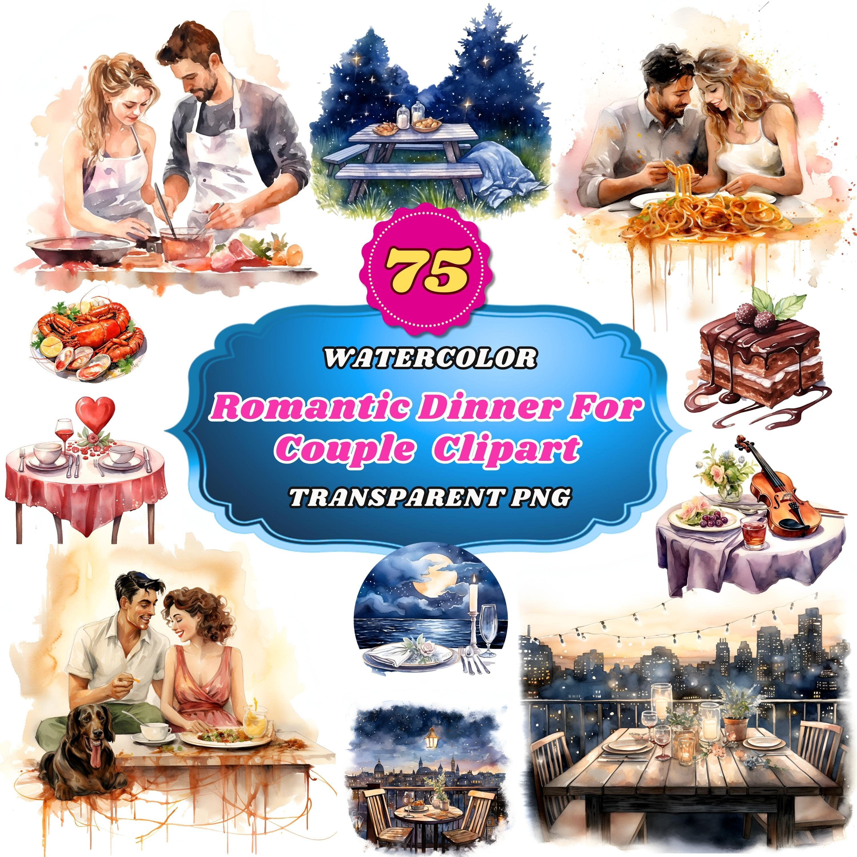 75 Watercolor Romantic Couple Dinner Clipart, Valentine's Day Romantic ...
