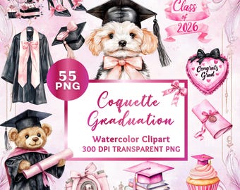 55+ Clipart di laurea con civetta rosa, cappello di laurea acquerello con fiocchi PNG, illustrazione di diploma estetico, grafica femminile per il diploma del 2026