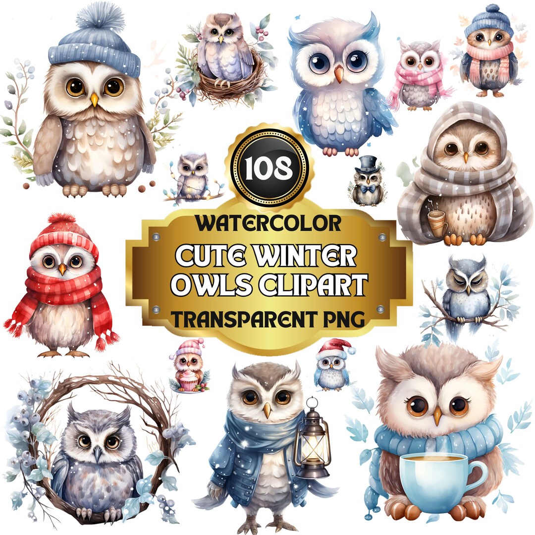 108 Watercolor Cute Winter Owl Cliparts, Winter Whimsy Owls Set ...
