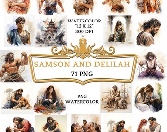 71 Watercolor PNG Samson and Delilah Clip Art | Christian Religious Bible Based Story For Scrapbooking, Junk journal Or Digital Printing