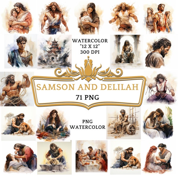 71 Watercolor PNG Samson and Delilah Clip Art | Christian Religious Bible Based Story For Scrapbooking, Junk journal Or Digital Printing