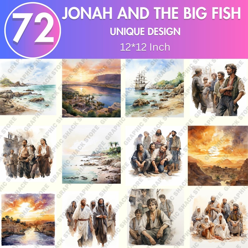 72 PNG Watercolor Jonah and the Big Fish Clip Art | Christian Religious ...