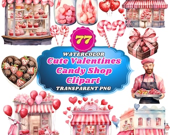 77 Watercolor Cute Valentine's Candy Shop Clipart Bundle, Quaint Confectionery PNG Illustrations for Crafting, Scrapbooking, and Invitations
