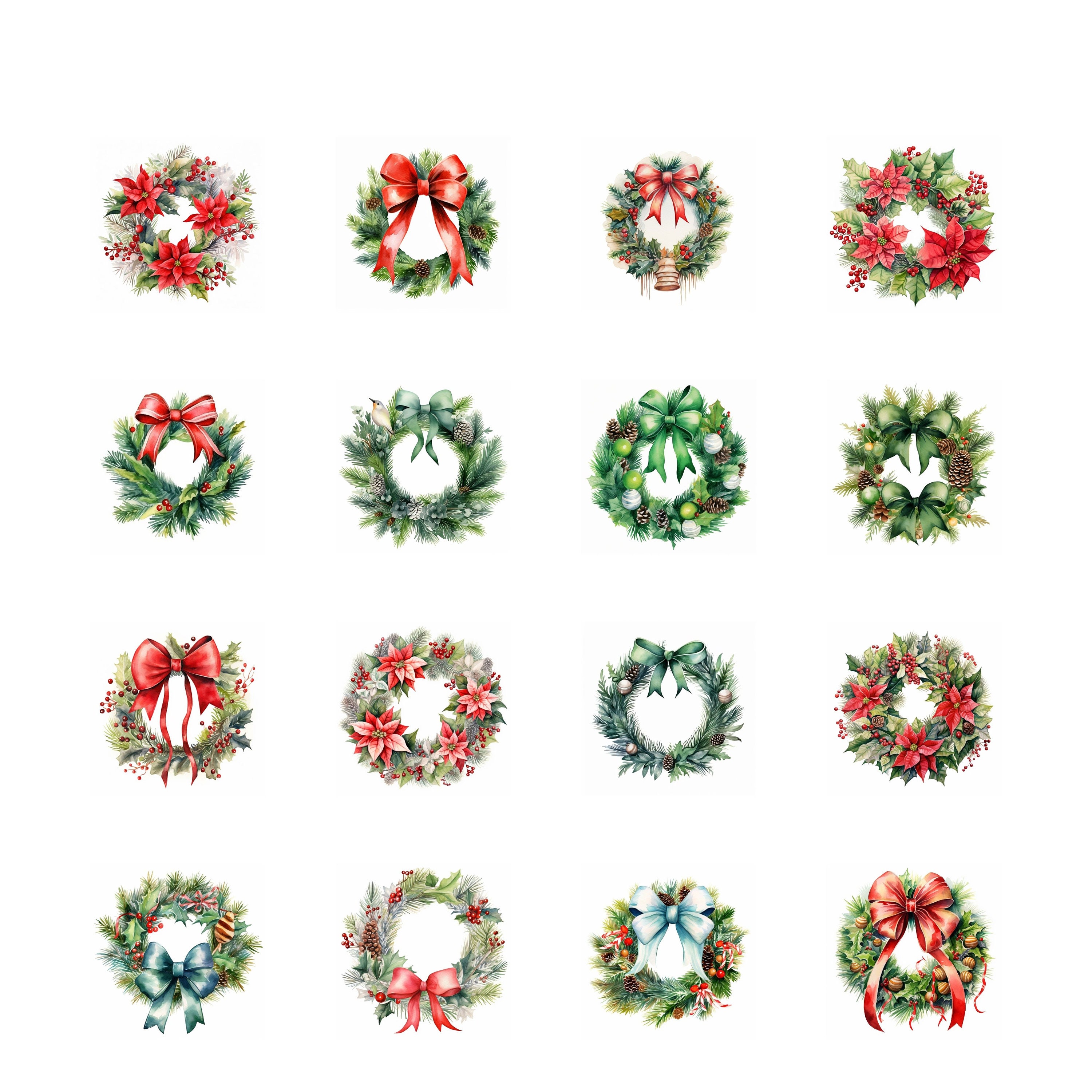 60 Watercolor Christmas Wreath Clipart PNG Bundle, Merry Christmas ...
