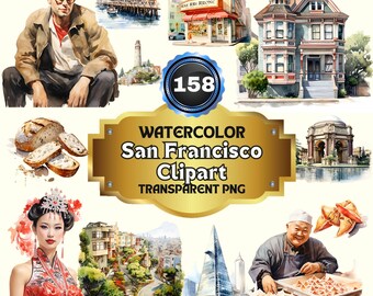 158 Aquarell San Francisco Clipart, druckbare Kalifornien PNG-Bilder für Reiserouten, Kunstdrucke, USA-Themed Junk Journal in PNG