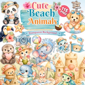 May include: A digital collection of cute beach animals including a panda, puppy, toucan, otter, kitten, elephant, octopus, bear, dolphin, rabbit, and turtle, with beach accessories like a sandcastle, camera, and ball, labelled Cute Beach Animals.
