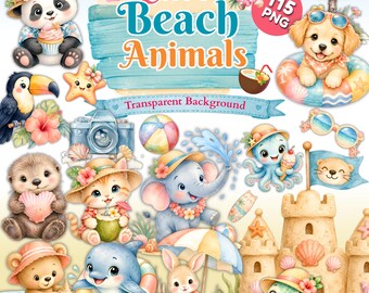 115x Cute Beach Animals Clipart, Summer Vacation PNG Bundle, Coastal Tropical Nursery Graphics, Cute Ocean Wildlife Sea Elements Art