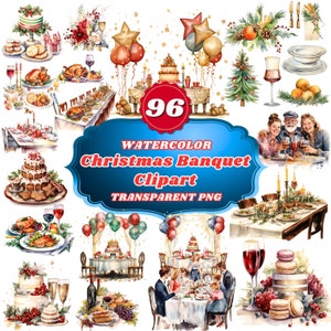 May include: A set of 96 watercolor Christmas banquet clipart images. The images include a variety of festive elements, such as a Christmas tree, a cake, a table setting, and a group of people celebrating. The images are perfect for creating holiday cards, invitations, and other festive designs.