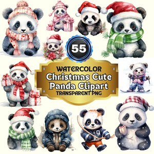 55 Aquarelle Noël Mignon Panda Clipart PNG Bundle | Mignon animal de Noël enneigé, téléchargements numériques pour la fabrication de cartes à usage commercial