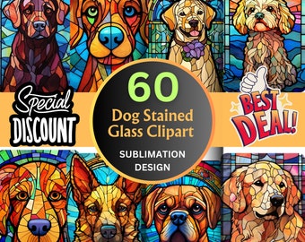 60 Stained Glass Dog Clipart PNG Designs for Sublimation, Digital Paper Stained Glass Dog Tumbler Wrap, Wall Art & T-Shirt Design