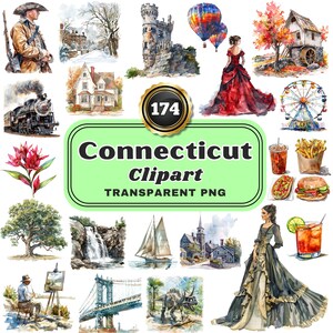 Könnte beinhalten: Eine Sammlung von 174 Aquarellillustrationen, die verschiedene Szenen und Objekte aus Connecticut darstellen, darunter ein Zug, ein Leuchtturm, ein Wasserfall, ein Heißluftballon, ein Riesenrad, eine Burg, eine Brücke, ein Dinosaurier, eine Frau in einem Kleid, ein Baum, ein Haus und ein Hotdog.