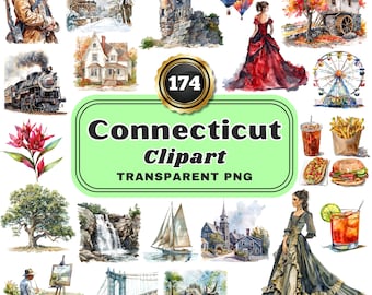174 Watercolor Connecticut PNG Clipart, New England Charm Scenic Landscapes and Historic Icons for Art, Decor & Education