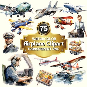 75 Watercolor Airplane Clipart | Watercolor Plane PNG Bundle |  Travel Aircraft Digital Prints, Transparent Background for Commercial Use