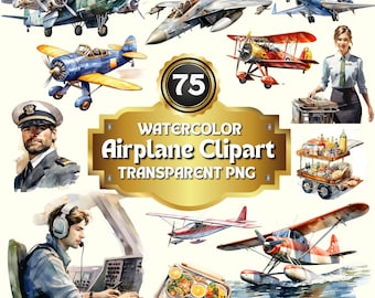 75 Watercolor Airplane Clipart | Watercolor Plane PNG Bundle |  Travel Aircraft Digital Prints, Transparent Background for Commercial Use