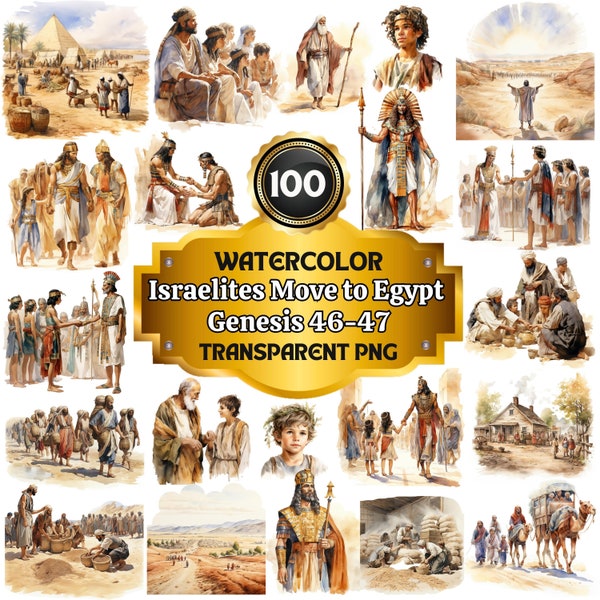 100 Watercolor Cliparts of Israelites Moving to Egypt Genesis 46-47 Ancient Journey Set Historical Biblical Illustration for Education & Art