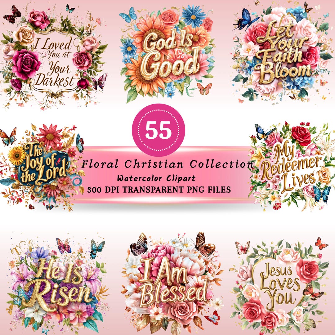 55x Scripture Floral Clipart Bundle, Watercolor Bible Verse PNG ...