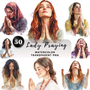 Puede incluir: Ilustraciones en acuarela de mujeres rezando, con diversos tonos de piel y colores de cabello. Las imágenes muestran mujeres con las manos juntas, algunas con rosarios, y el texto "Lady Praying" con "Watercolor Transparent PNG".