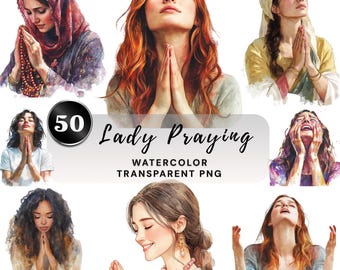 Pacchetto di 50 clipart PNG di donne che pregano, illustrazioni di donne cristiane in preghiera, sfondo trasparente, download digitale basato sulla fede