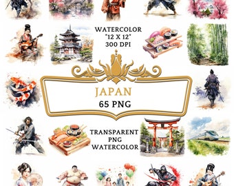 65 Watercolor Japan PNG ClipArt Bundle, Japanese Travel Clip Art, Tokyo Landmarks, Sakura Cherry Blossoms, Geisha & Samurai Art, Mount Fuji