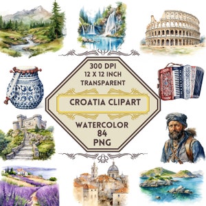 84 Aquarell Kroatien PNG ClipArt Bundle, Kroatien Sommerreise, Adria Wahrzeichen Clip Art,Dubrovnik, Hvar, Plitvicer Seen, Kostüm