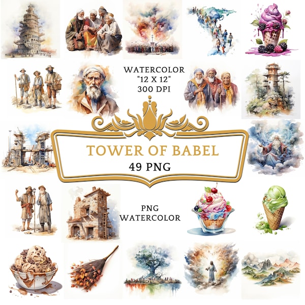 49 Watercolor Tower of Babel Clipart | Christian Religious Bible Based Story For Sublimation, Scrapbooking, Junk journal Or Digital Printing