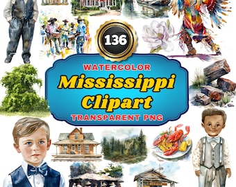 136 Watercolor Mississippi Cliparts - Picturesque Scenery and Cultural Icons Illustrations Magnolia State Charm for Art, Decor & Learning