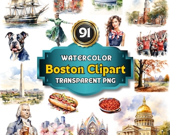 91 Watercolor Boston Clipart, Printable Massachusetts PNG Images for Travel Itineraries, Landmarks, Art Prints, and USA-Themed Junk Journals