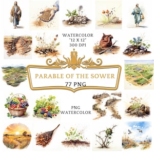 Puede incluir: Ilustraciones de acuarela de la Parábola del Sembrador, que representan a un hombre sembrando semillas, un camino, tierra pedregosa, tierra espinosa y tierra buena. Las ilustraciones son de estilo vintage y son perfectas para usar en materiales religiosos o educativos.