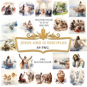 68 Water Color Jesus And 12 Disciples Clip Art |Christian Religious Bible Based Story For Scrapbooking, Junk journal Or Digital Printing