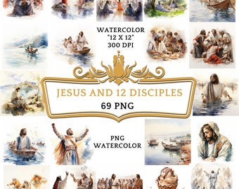 68 Water Color Jesus And 12 Disciples Clip Art |Christian Religious Bible Based Story For Scrapbooking, Junk journal Or Digital Printing