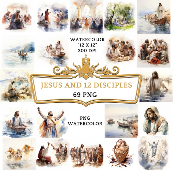 68 Water Color Jesus And 12 Disciples Clip Art |Christian Religious Bible Based Story For Scrapbooking, Junk journal Or Digital Printing