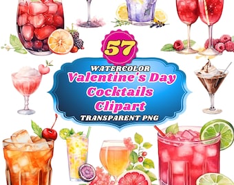 57 Watercolor Valentine's Day Cocktails Clipart PNG, Watercolor Drink Assortment Alcoholic Cocktails, Sweet Milkshakes, Party Drink Images