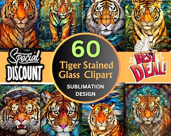 60 Stained Glass Tiger Clipart PNG Designs for Sublimation, Digital Paper Stained Glass Tiger Tumbler Wrap, Wall Art & T-Shirt Design