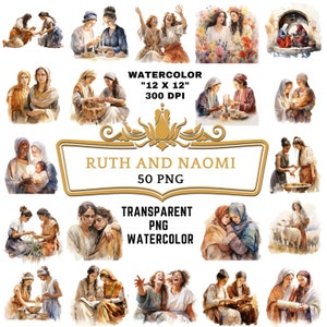 50 Watercolor Ruth and Naomi Clip Art | Christian Religious Bible Based Story For Sublimation Scrapbooking, Junk journal Or Digital Printing