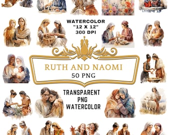 50 Watercolor Ruth and Naomi Clip Art | Christian Religious Bible Based Story For Sublimation Scrapbooking, Junk journal Or Digital Printing