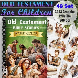 Paquete de 48 historias bíblicas del Antiguo Testamento / Historia cristiana de acuarela para niños Paquete de imágenes prediseñadas / Imágenes prediseñadas imprimibles de la Biblia / PNG - Uso comercial
