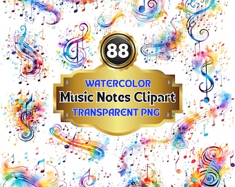 88 Watercolor Music Notes Clipart, Melodic Harmony: Artistic Treble Clefs and Musical Symbols for Creative Compositions and Designs