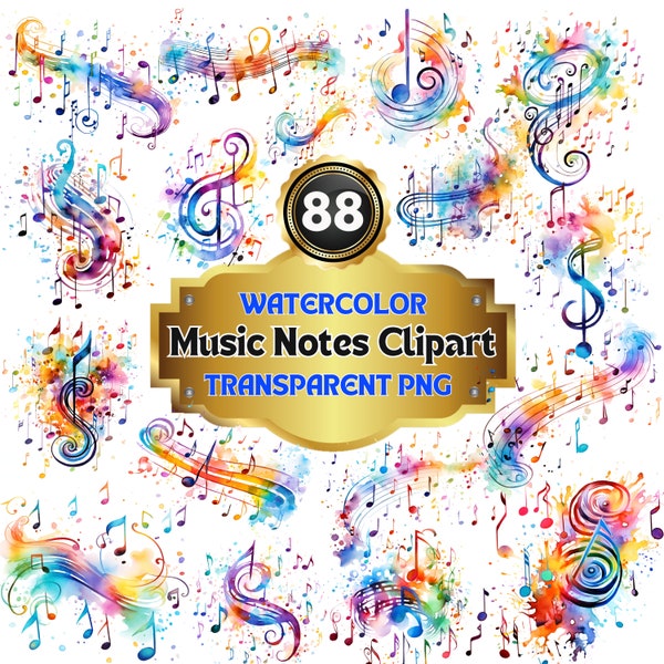 88 Watercolor Music Notes Clipart, Melodic Harmony: Artistic Treble Clefs and Musical Symbols for Creative Compositions and Designs