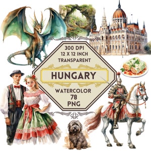 Pacote com 78 clipart PNG de aquarela da Hungria, viagens de verão na Hungria, clipart de pontos turísticos, férias no Leste Europeu, clipart de viagem dos sonhos