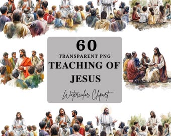 Pacchetto di 60 clipart PNG con gli insegnamenti di Gesù, illustrazioni di storie bibliche, arte digitale di fede cristiana, sfondo trasparente, download immediato