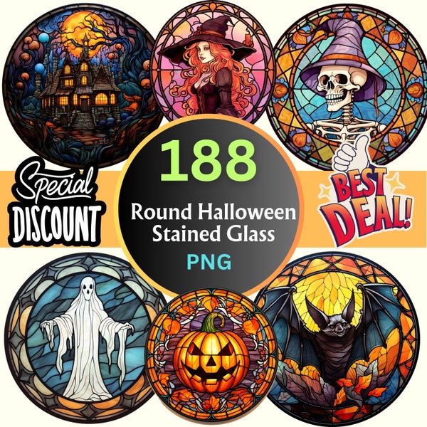 188 Round Halloween Stained Glass PNG Transparent Background Designs Bundle For Sublimation, Card Making, Paper Crafting, Car Coaster