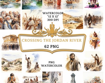 62 Acquerello che attraversa il fiume Giordano Clip Art / Storia basata sulla Bibbia religiosa cristiana per scrapbooking, diario spazzatura o stampa digitale