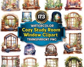 173 Watercolor Cozy Study Room Window Clipart, Scholar's Haven: Artistic Renderings of Serene Reading Spaces for Creative Project PNG Bundle