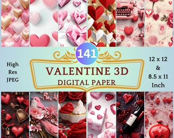 141 Valentine 3D Digital Paper Set - Heartfelt Dimensions: Vibrant, Textured Romantic Patterns for Unique Crafting and Design